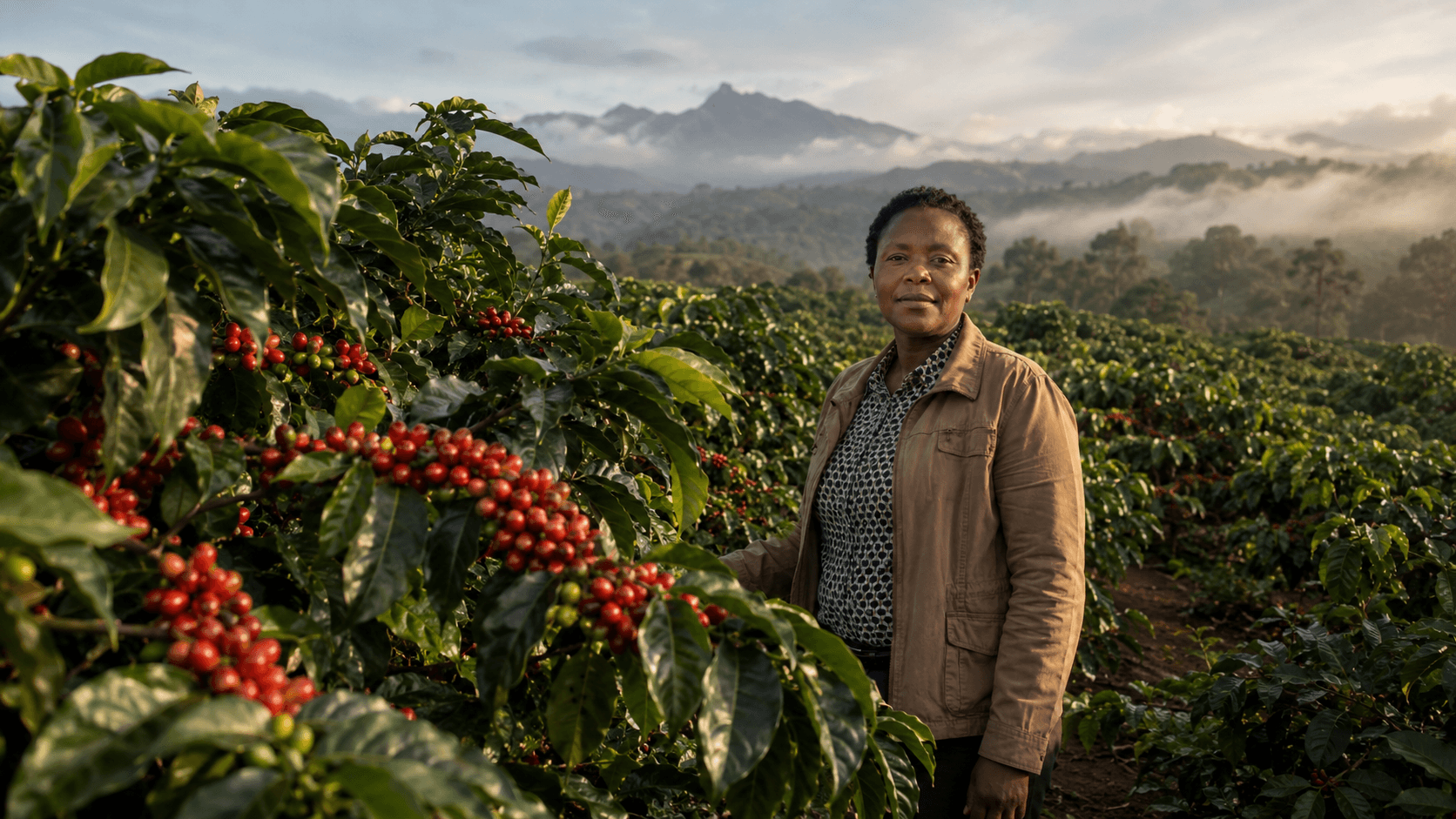 Kenyan coffee farmer standing in a highland coffee farm with red coffee cherries