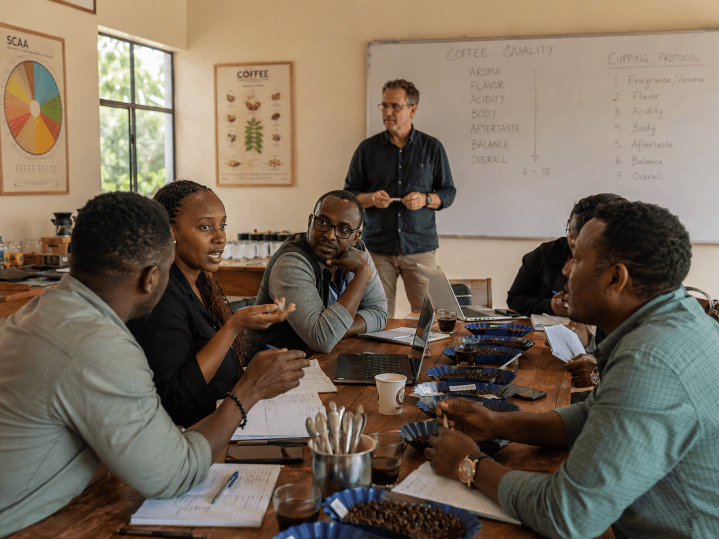 Coffee professionals engaged in a collaborative training session on coffee quality